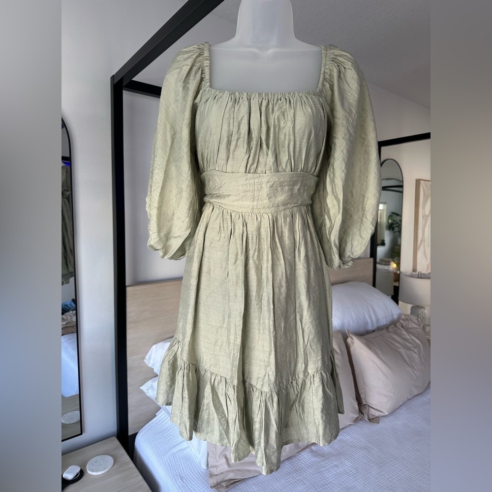 Tie Back Ruffle Boho Flowy Mini Cottagecore Fairy Dress in Sage Green, Size 12